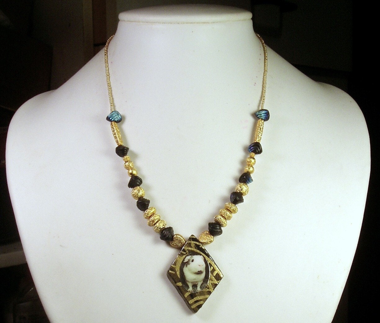 Gold & Black Handmade Beaded GUINEA PIG Necklace OOAK