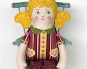 Handmade Blonde Girl Doll, Hand Painted Stuffed Art Toy, Original OOAK Art Toy, 18 1/5 inch, Red, Gold, Yellow, Ready-made