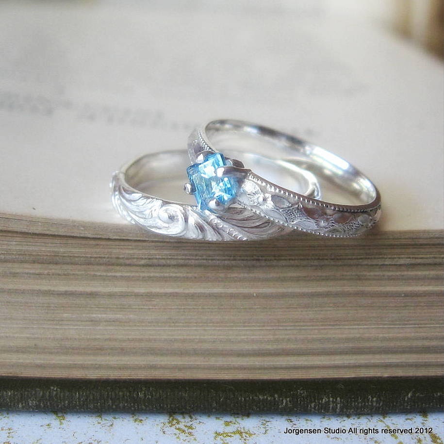 Square Princess Cut Blue Topaz Engagement Promise Stacking Ring