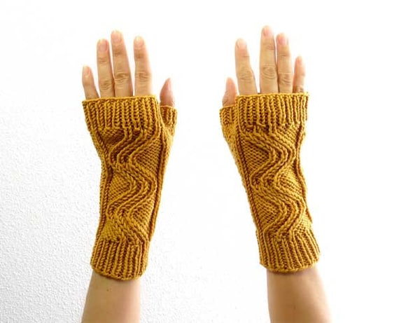 Swirl Hand Knit Fingerless Mitts in Golden Sunflower Soft Merino Wool. Spring and Winter Hipster Fashion Handmade in France.