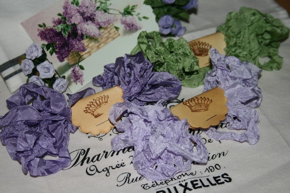 Seam Binding Crinkled , 15 Yds Purple , Lavender , Green ,  Lilac Bush