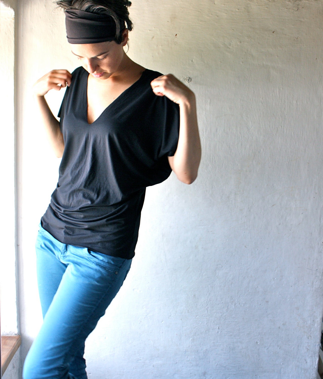 Black Dolman Top - draped sleeve top - v neck oversized tank top - womens custom made clothes