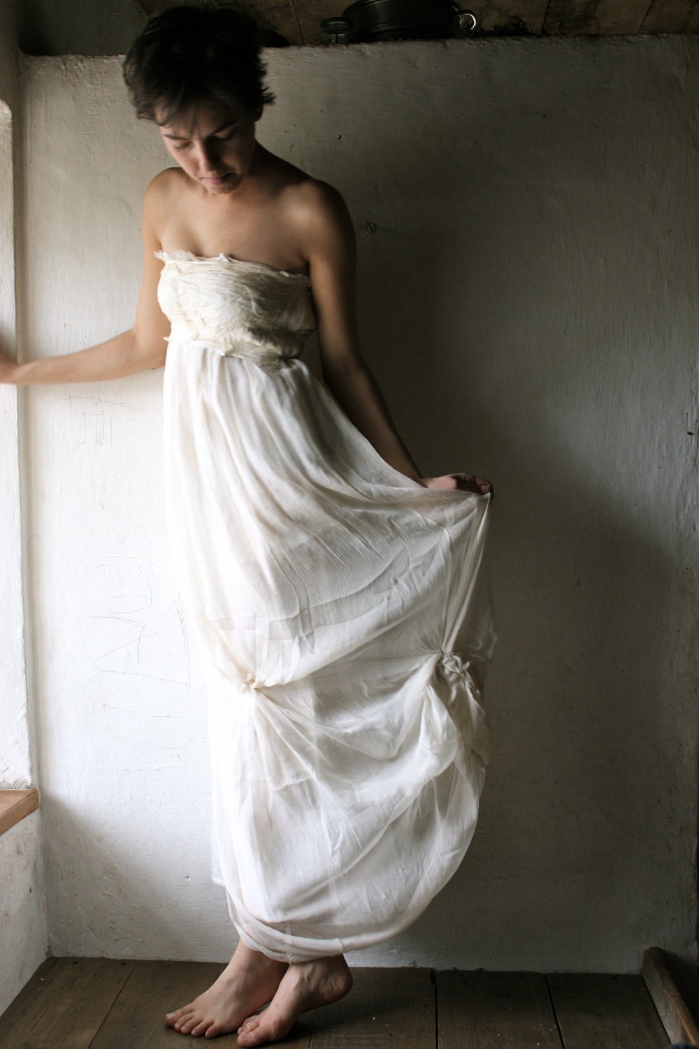 Wedding dress in Ivory white Silk Chiffon long, strapless or halter hippie boho beach weddings - larimeloom