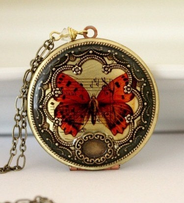 Personalized Necklace, Butterfly Locket, Image Locket, Vintage Locket, Enameled, Green Necklace, Orange Necklace, Wedding Necklace