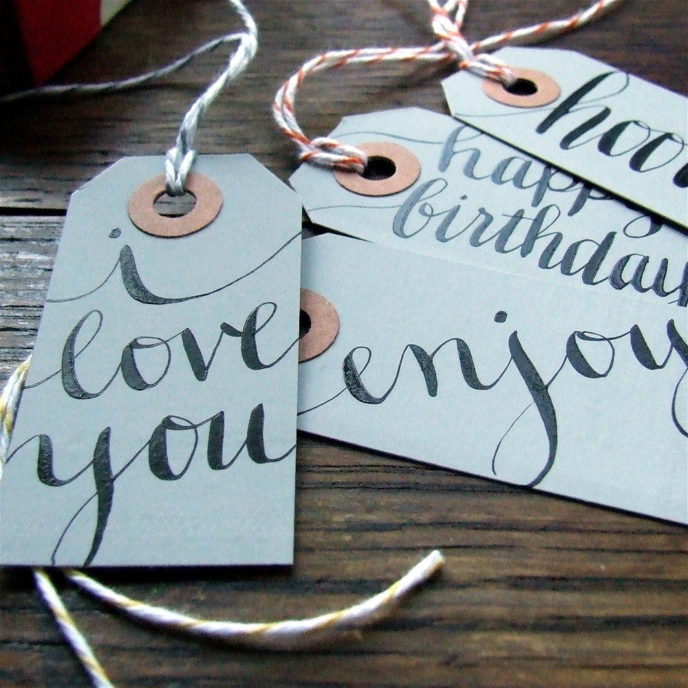 everyday gray calligraphy gift tags, package of 7 hand lettered gift wrapping hang tags by KisforCalligraphy