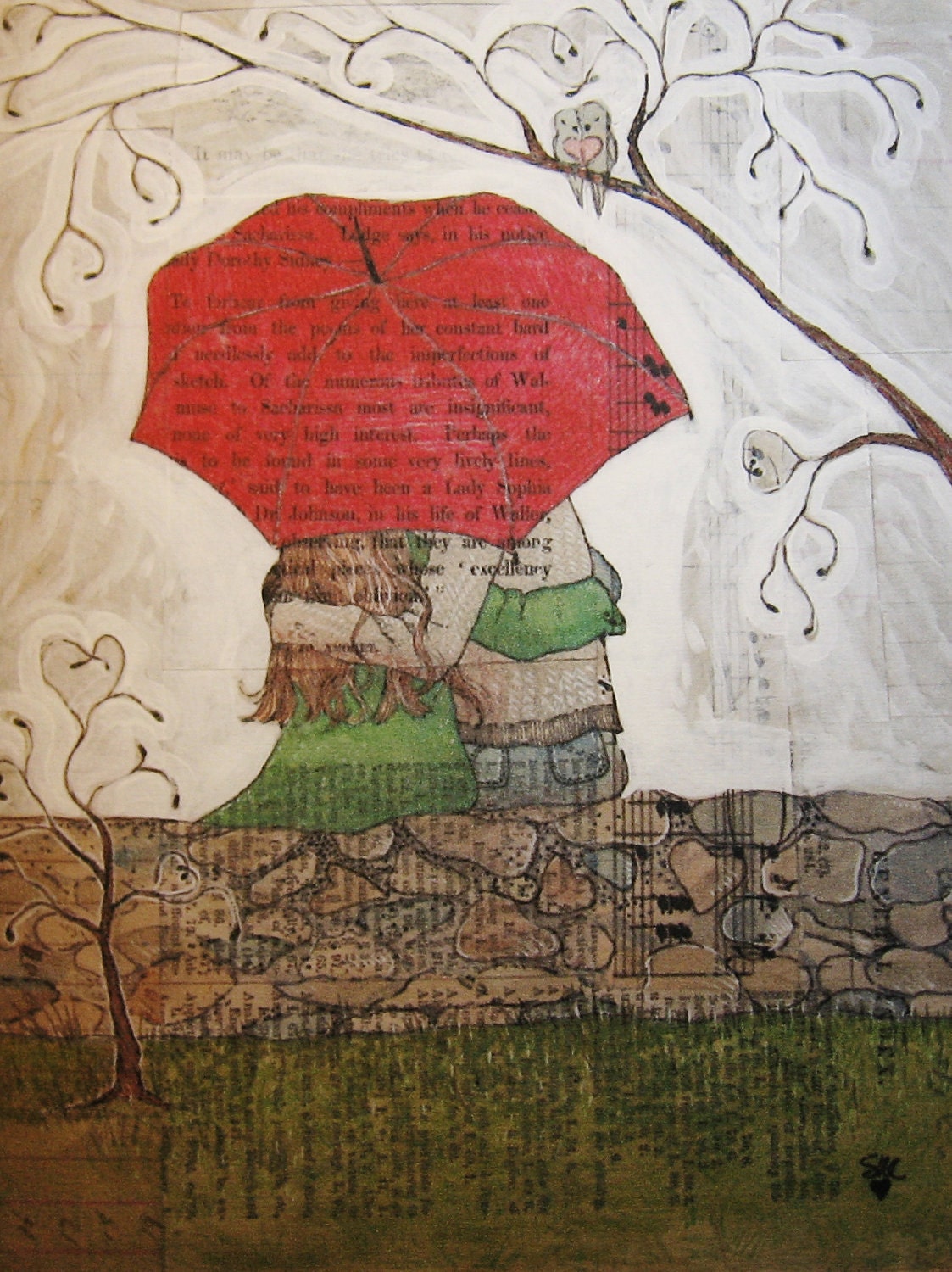 Signed Print of Original Mixed Media Artwork, Red, Umbrella, Rainy Day, Spring, Romance