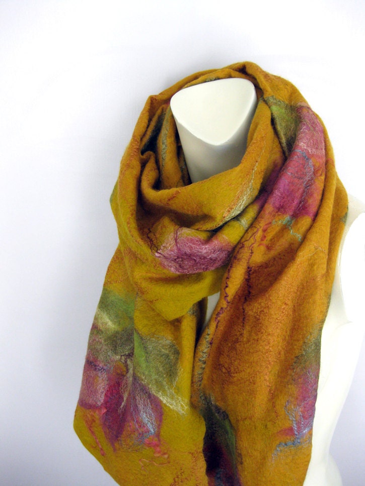 Felted Scarf Wool Silk Shawl Gold Mustard Floral Flower