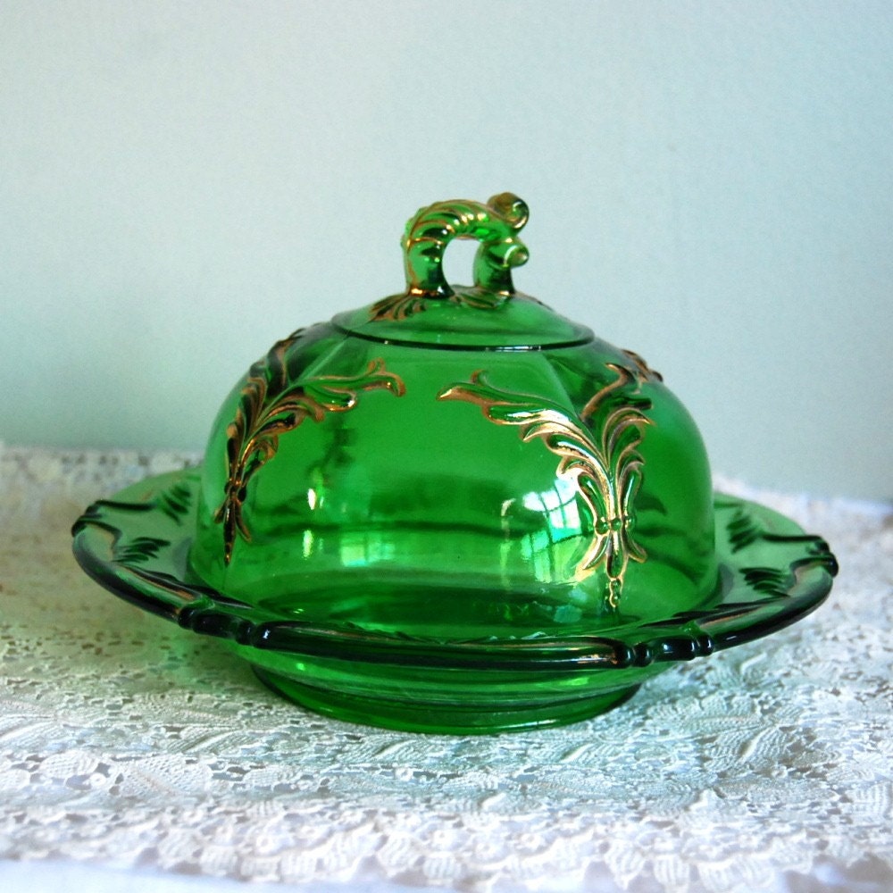 Antique Glass Butter Dish Heisey Winged Scroll by CalloohCallay