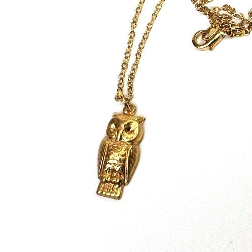 Owl Small gold golden brass charm Necklace on a delicate gold plated chain