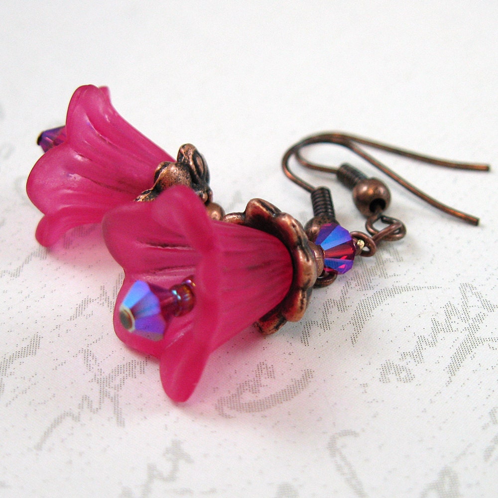 Flower Earrings - Hot Pink Resin Flowers, Magenta Crystals, Copper