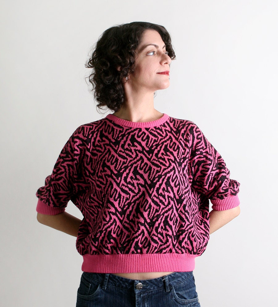 Vintage Neon Animal Print Sweater - Hot Pink and Black 1980s Wild Design - Small