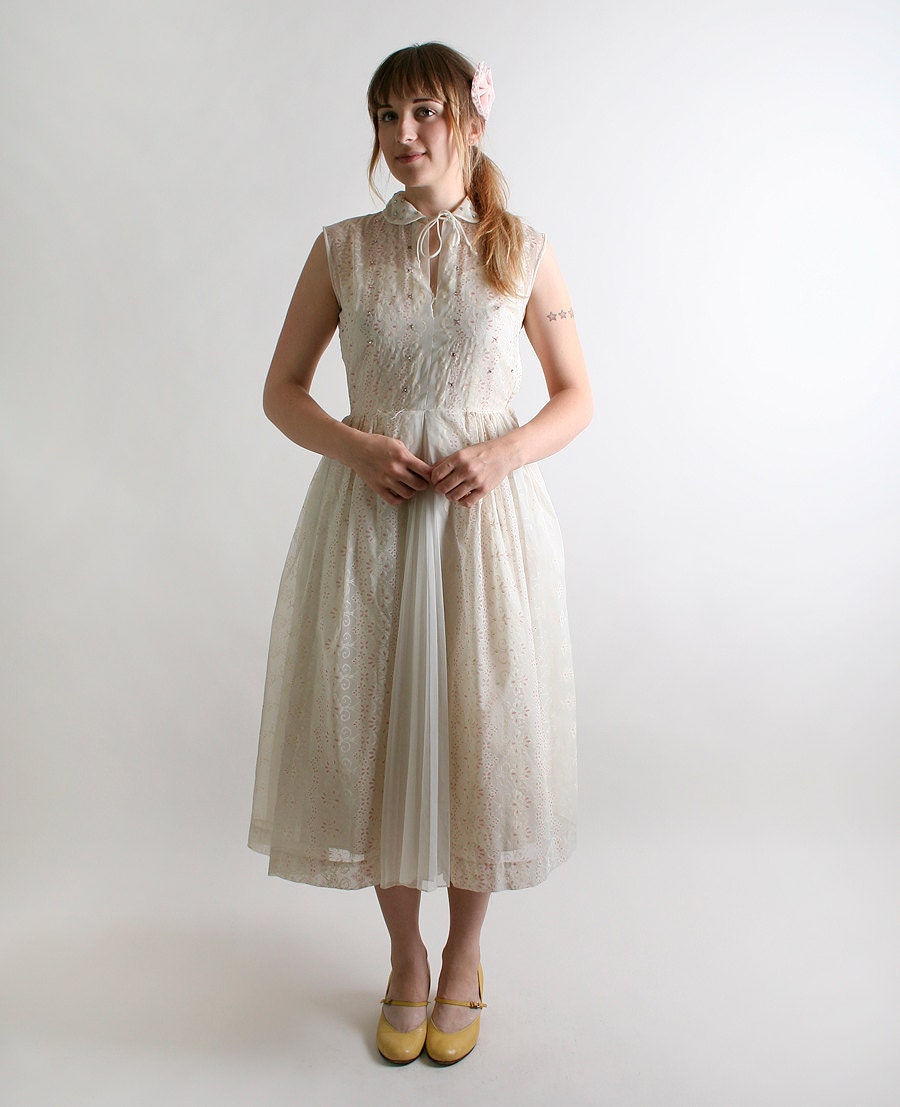 1950s Rhinestone Dress Vintage Ivory White with Pink Floral Design - Small Wedding Reception Dress