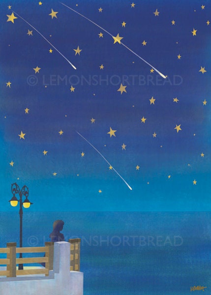 Starry Night Art Illustration Print 5x7", Shooting Stars Meteor Shower Sea Ocean Blue Dream
