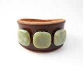 Women's Brown Leather Cuff with Jade Stone Beads