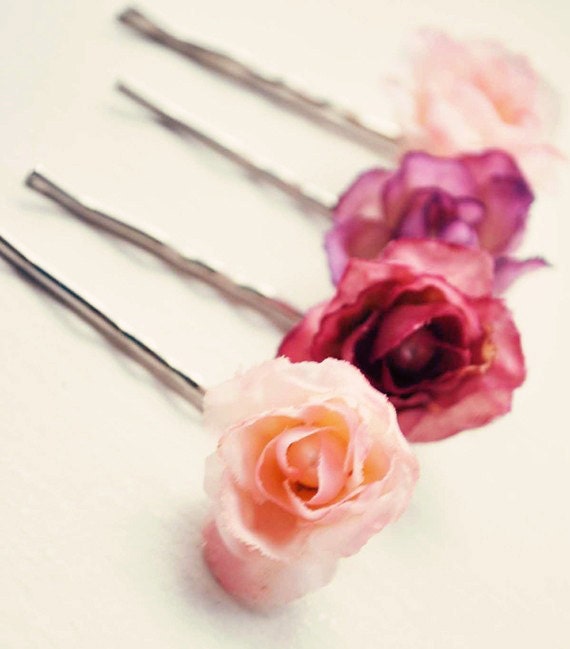 Pink flower bobby pin set, Rose hair clips - GUMDROPS