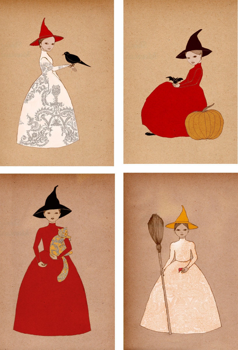 Sale Halloween Art , Halloween Girls, set of 4 medium 8x10 prints