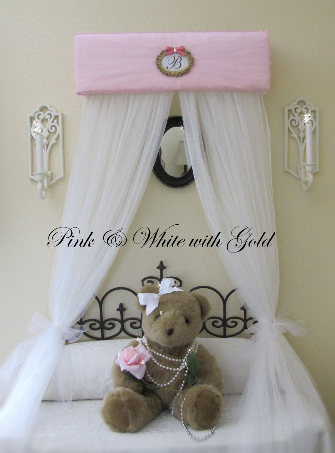 Bed Crown Canopy Princess with Drapes Personalized FREE Upholstered SaLe Pink White Gold