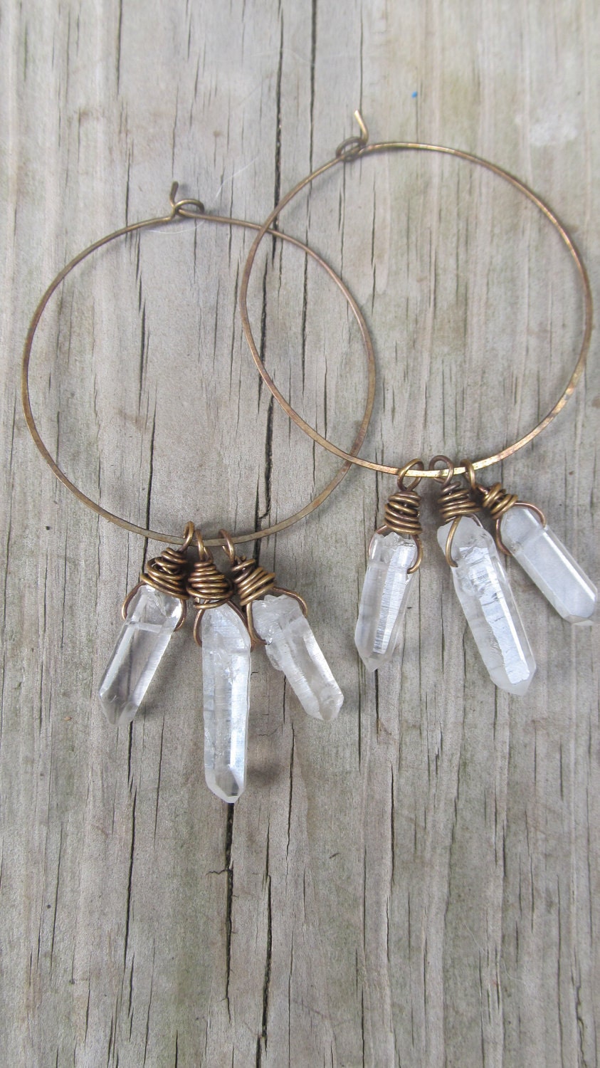 Hoop Earrings Wire Wrap Quartz Crystal Points Large Hoop Earrings Rustic Jewelry DanielleRoseBean Big Hoops