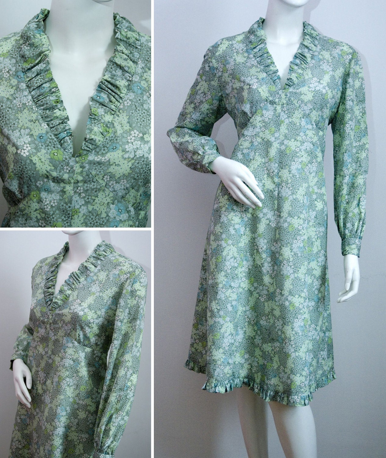 Vintage Dress Pastel Green Floral Ruffle Neck Dress V-Neck Summer Dress Medium 1960s 70s