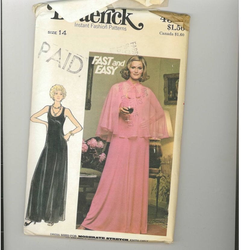 1970s Vintage Sewing Pattern Butterick 4516 Misses Evening Cocktail Dress Cape Size 14 Bust 36 70s