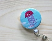 Badge Reel ID Badge Holder (Retractable, Wipeable, Clip-on) - Mylar Pink Jellyfish