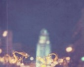 photography, Los Angeles, night photo LA Chinatown, gold dragon gateway City Hall downtown blue rainbow bokeh, Lunar New Year, abstract