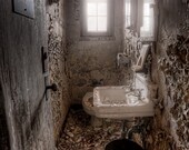 Old Abandoned Ladies Room, Old Toilet Bathroom in Asylum, Urban Exploration, HDR, Color Photograph of a ladies bathroom in an old building