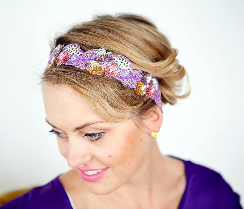 Boho Sequin Floral Headband Women Teen Adult Size Etsy Plums and Purples