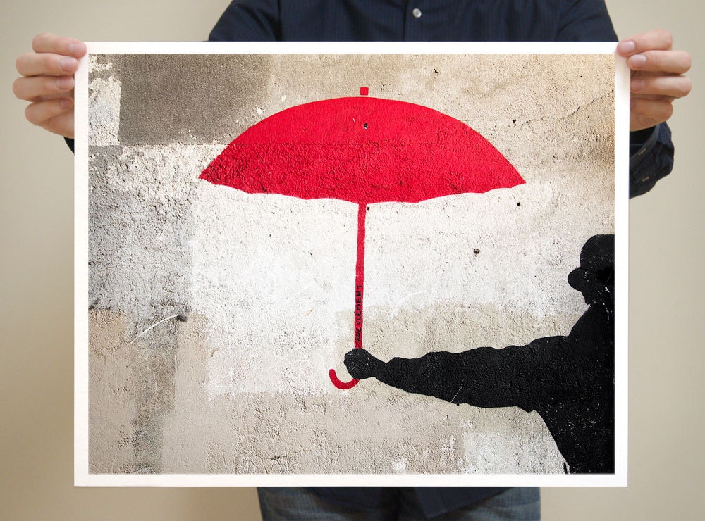 Paris Graffiti, Red Umbrella  - Paris Photography - 16x20 French Photograph Large Art Prints - Modern Print - Red Urban Art