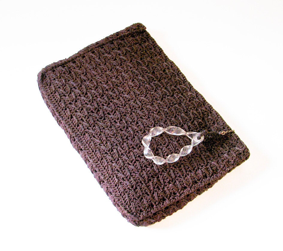 Dark Brown Crocheted Clutch Handbag with Clear Plastic Pull - 1940s Vintage