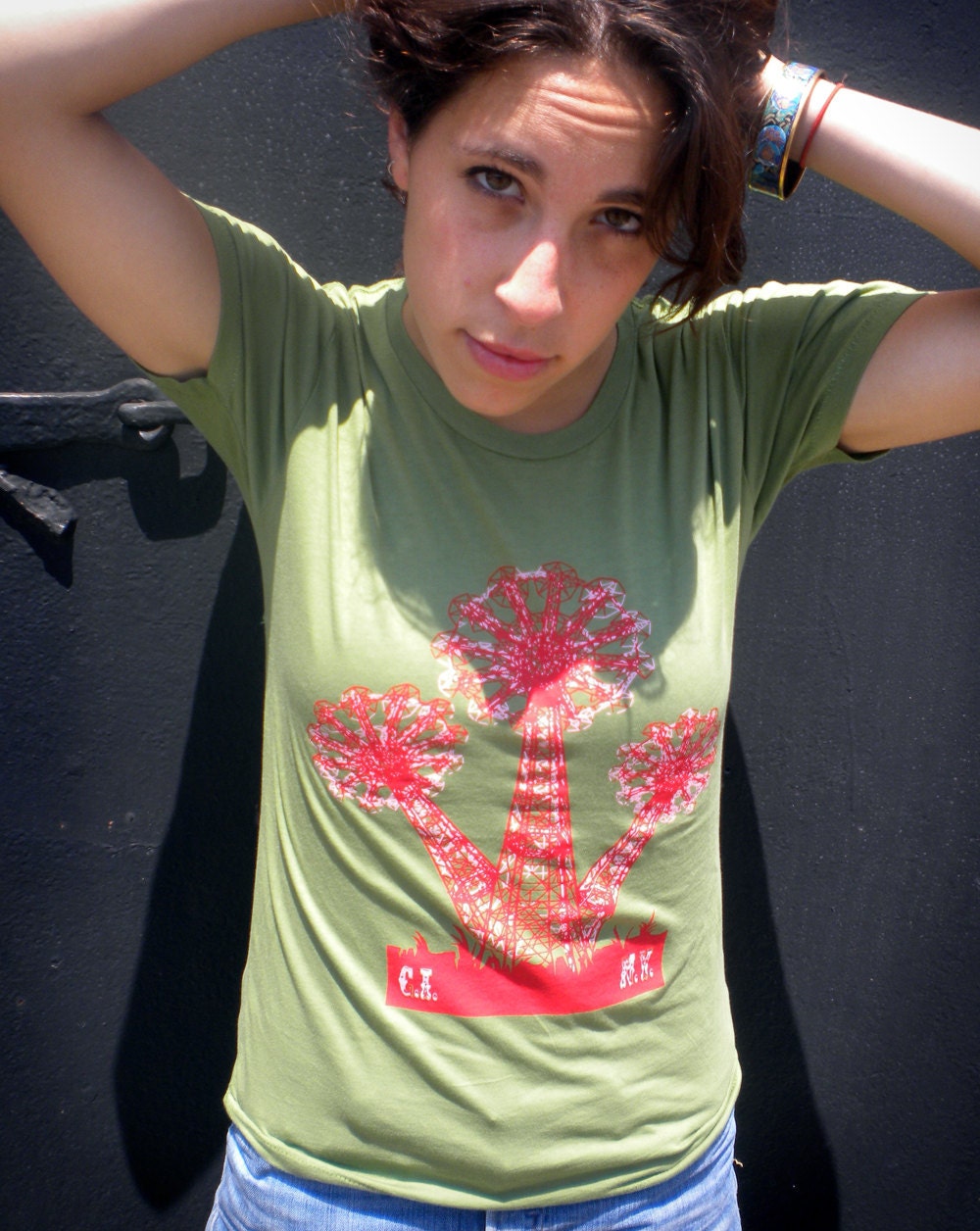 Women's T Shirt Coney Island's Parachute Jump in Green S, M, L, XL