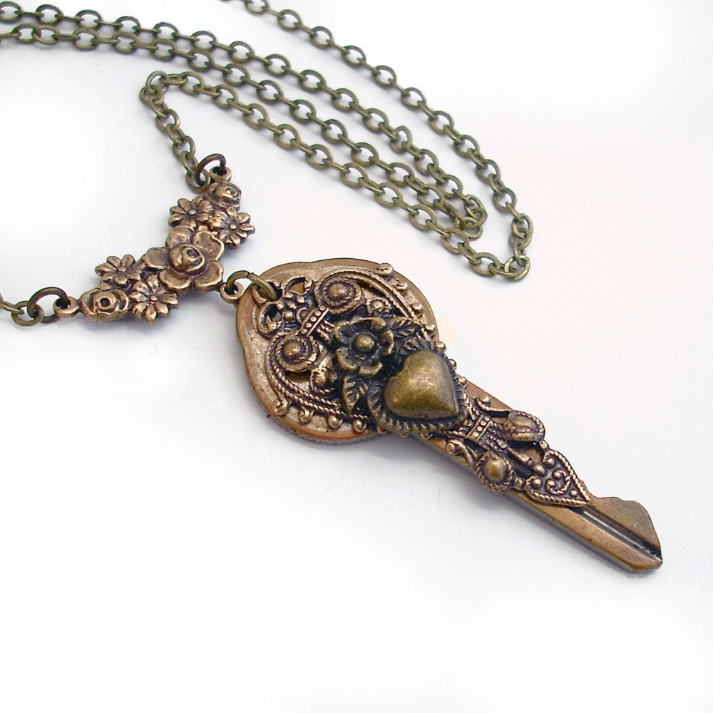 Key Necklace Handmade Jewelry - Victorian Heart - Recycled Key Pendant