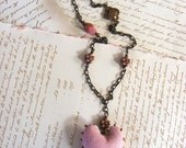 Textile jewelry  -  Handmade blush pink beaded mixed media heart necklace
