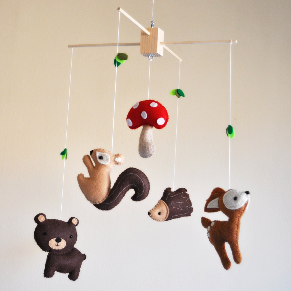 Hanging Whimsical Woodland Creatures Mobile - Deer, Bear, Squirrel, Porcupine, and Mushroom - As featured in NORWAYS GRAVID MAGAZINE