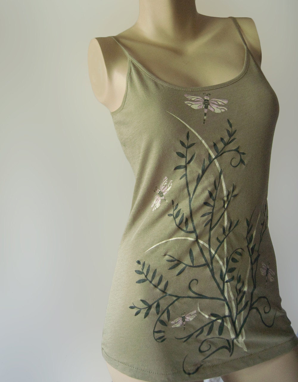 CLEARANCE SALE Dragonfly Organic Cotton Spaghetti Tank Top Earth Moss Sage green summer tank top