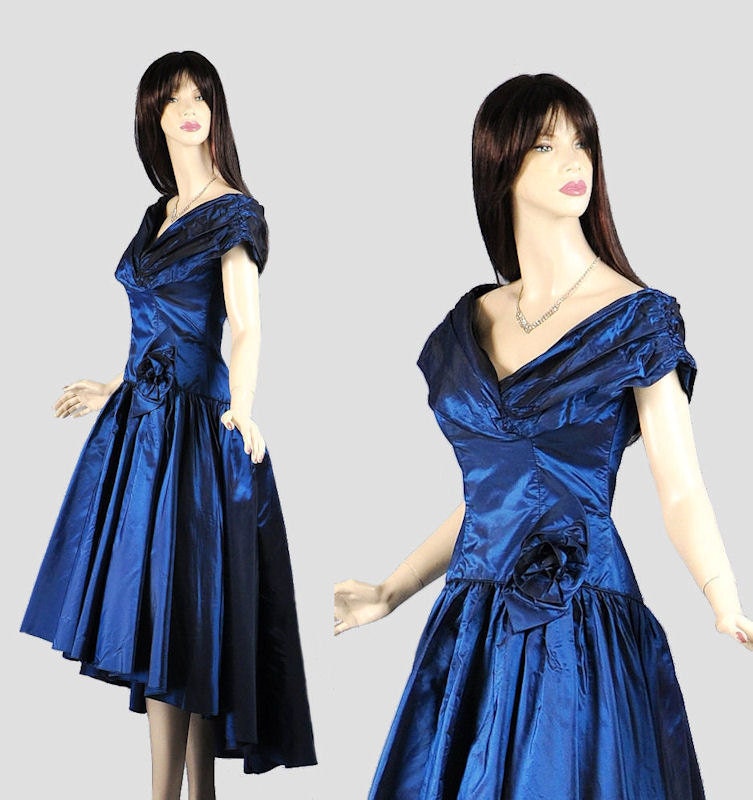 Vintage 1980s Party Dress XS S - Iridescent Sapphire Blue Taffeta Prom Gown