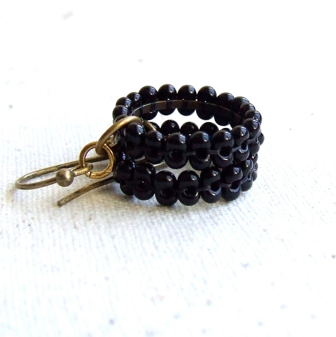 SALE - Glass Bead Woven Brass - Earrings -Little Hoops in Black Jewellery