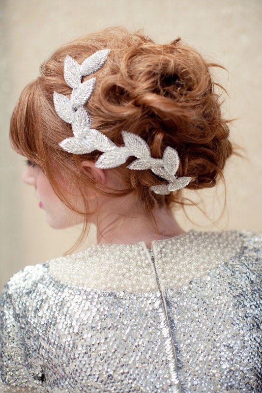 Silver Bridal headpiece, beaded leaf clip, fascinator, grecian, wedding headpiece, bridal hair piece, halo, Cleo Ships in 1 Month