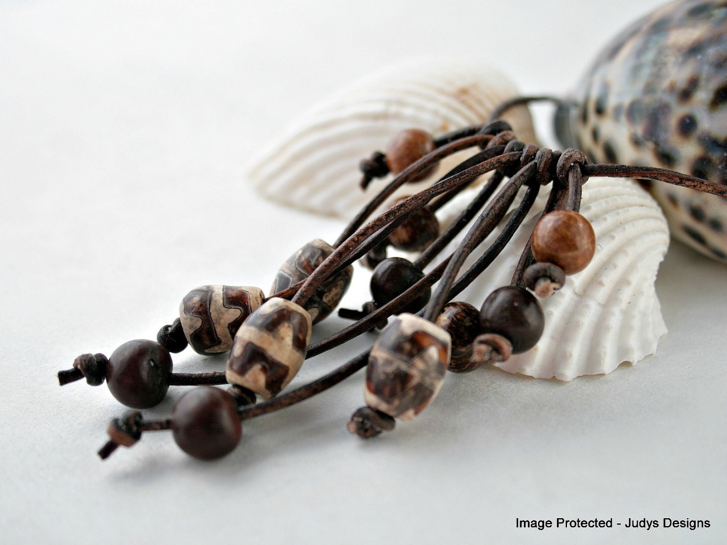 Tribal leather necklace, acai, bone, brown, tan, eco jewelry, Made to Order