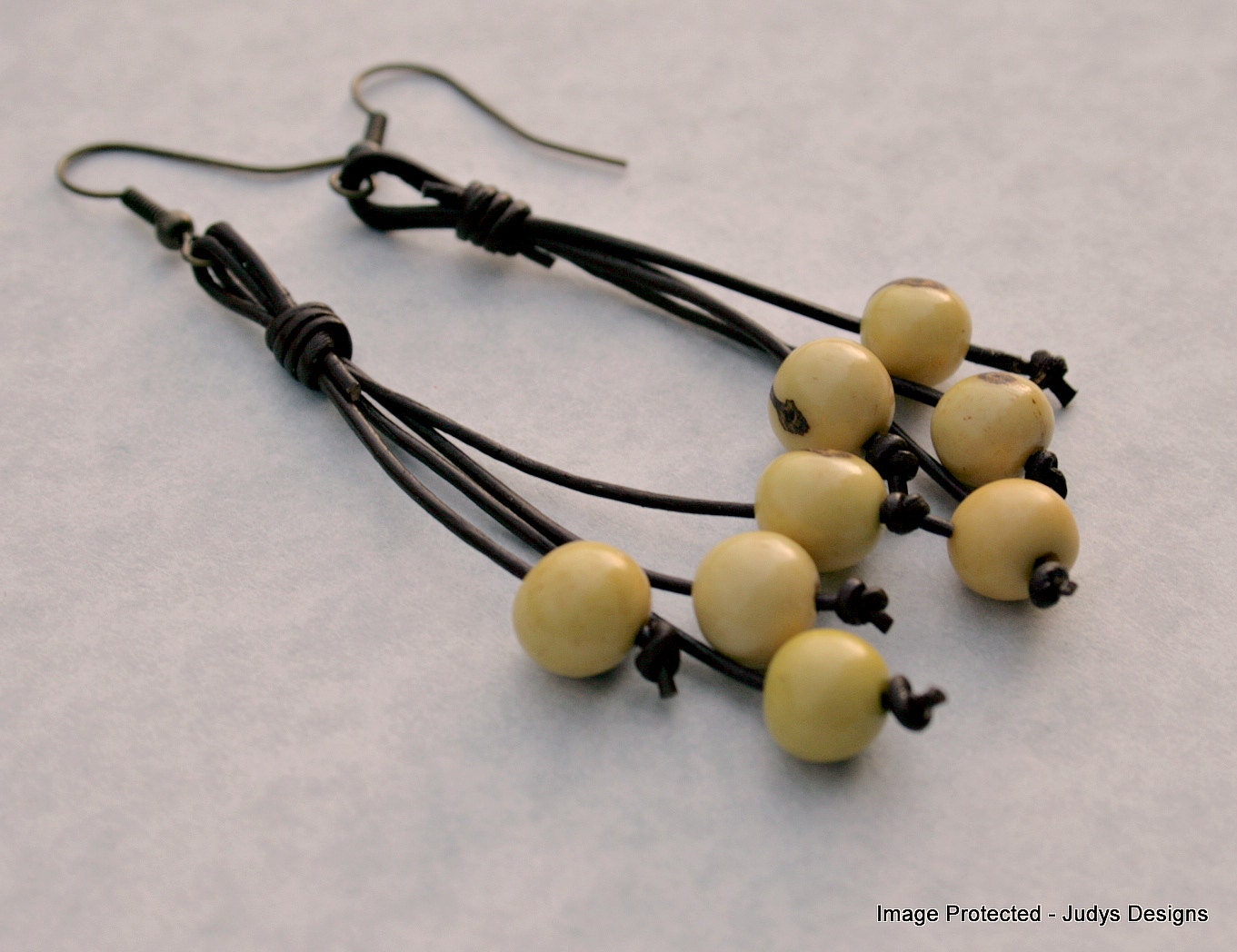 Yellow acai eco earrings, boho chic, leather, tribal inspired, fair trade
