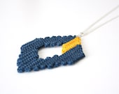 crochet geometric navy blue and mustard yellow textile diamond pendant - handmade unique two color crochet necklace, metal chain, nautical