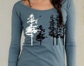Women's Hemlock tree shirt, organic long sleeve, sea blue, sexy scoop neck, hand screenprint, gift for her, all sizes available