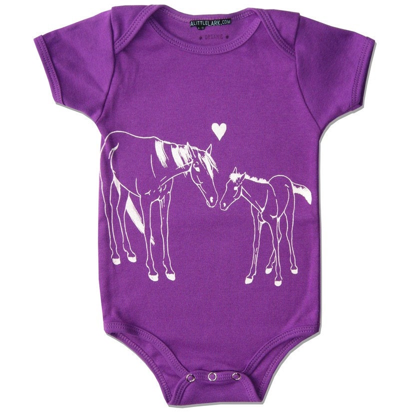 Organic Violet Purple HORSE & Pony bodysuit, short sleeve cotton, infant baby sizes, heart love design