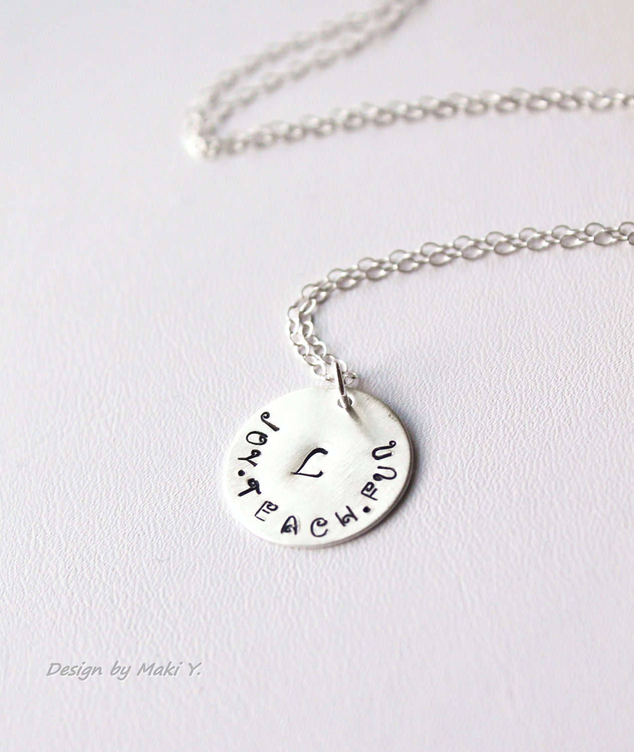 Personalized Necklace-Initial,Hand Stamped,sterling silver Necklace,Fun,Joy,Teach,custom massage-Personalize Your Message,Teacher gift