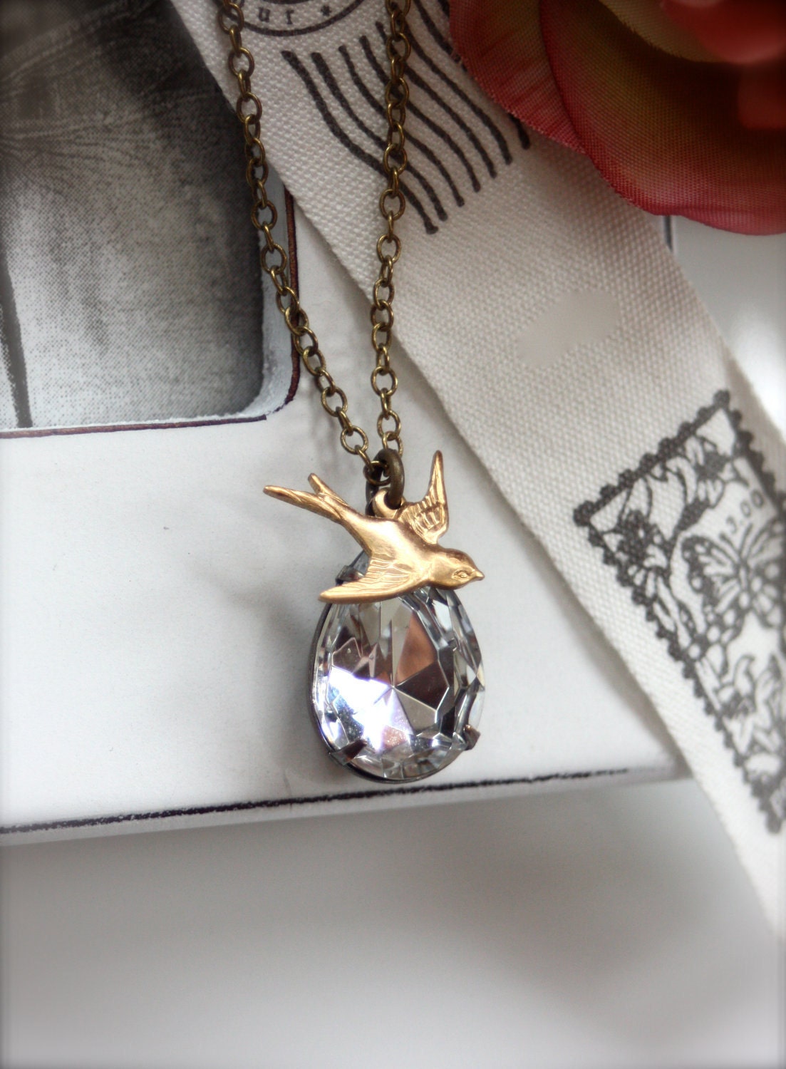Cristelia - A Vintage Crystal Faceted Pear Glass Jewel with Brass Flying Swallow Necklace