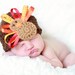 Crochet Turkey Hat Thanksgiving Beanie with Ribbon Feathers - Brown, Red, Orange, Yellow - Size 3 - 6 Month Knit Crochet Baby Hat