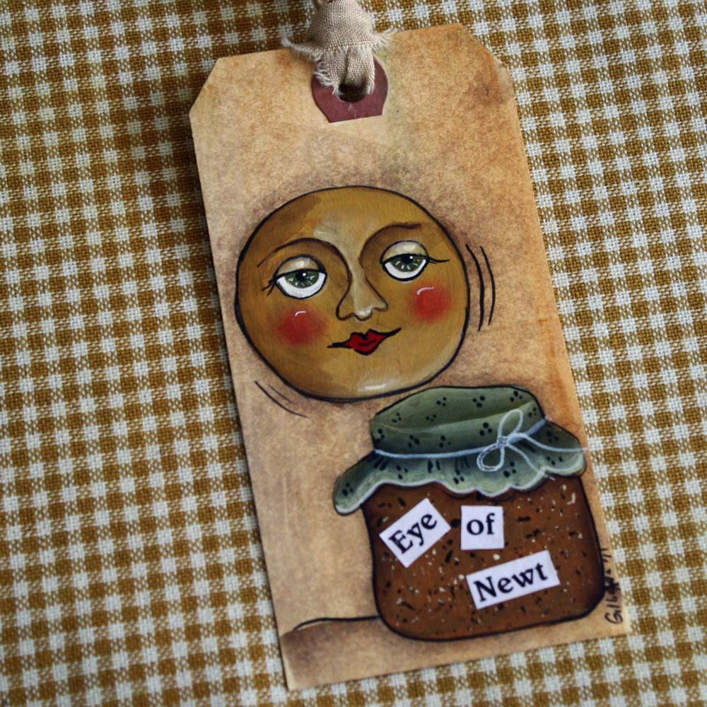 Halloween Primitive Folk Art Hangtag: Moon Jar Hand Painted