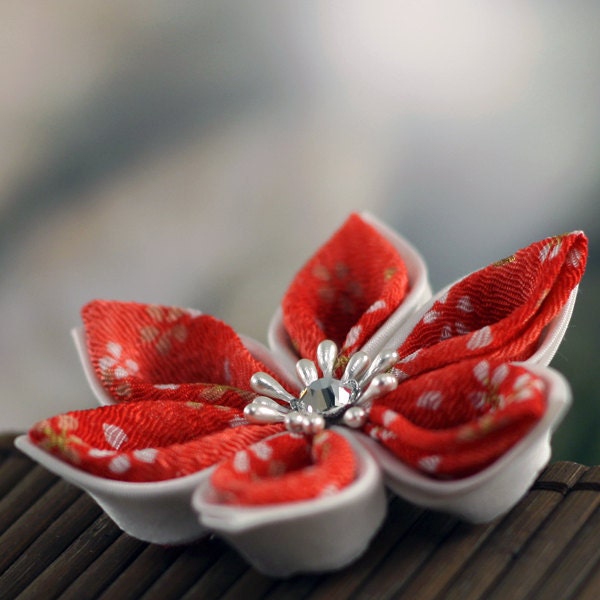 Hair Bow Alligator Clip: Wedding Kanzashi Hair Flowers, Red and White Silk and Chirimen - Cherry Kimono