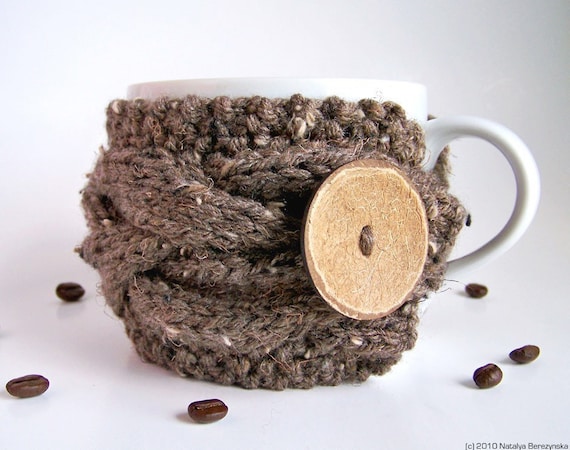 Cup Cozy in Barley Brown, Taupe Mug Cozy, Coffee Cozy Sleeve - Harvest Wood Woodland Nature Forest Tree Kitchen Farm Country - theteam oht