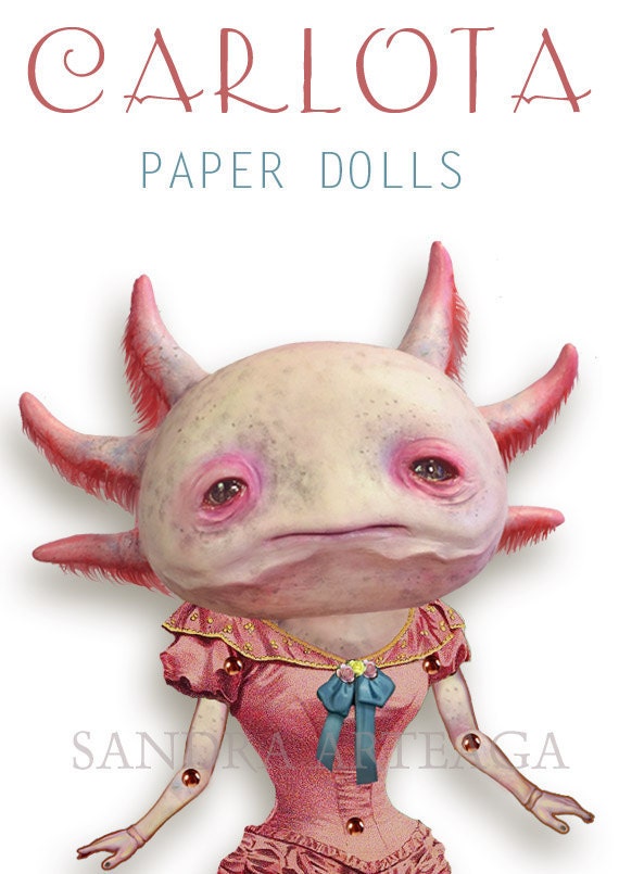 Carlota  -  PAPER DOLL -  articulated axolotl - 10.2 inches -  art doll magical creature freak carnival circus salmon pink
